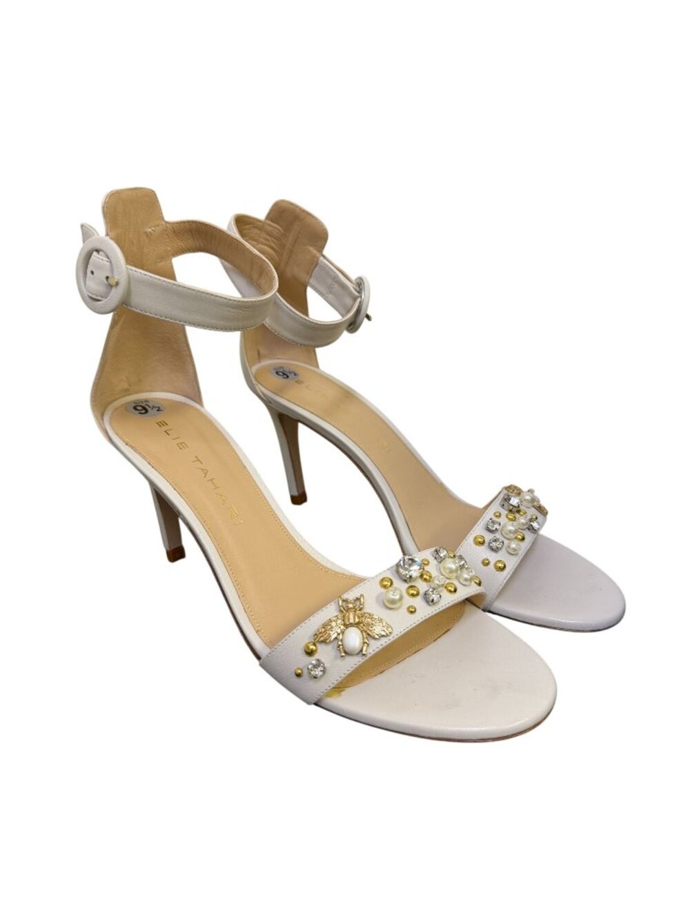 Elie Tahari White Embellished Heels Sandals W/ Bee Accent Size 9.5/40
